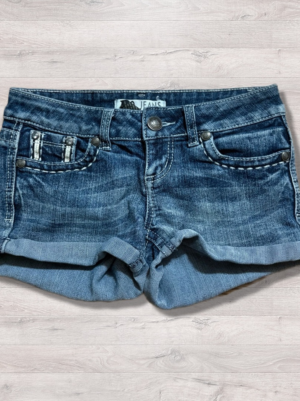 Y2K 2000s ZCO Jeans Embellished Rhinestone Angel Wing Denim Shorts Women’s 1